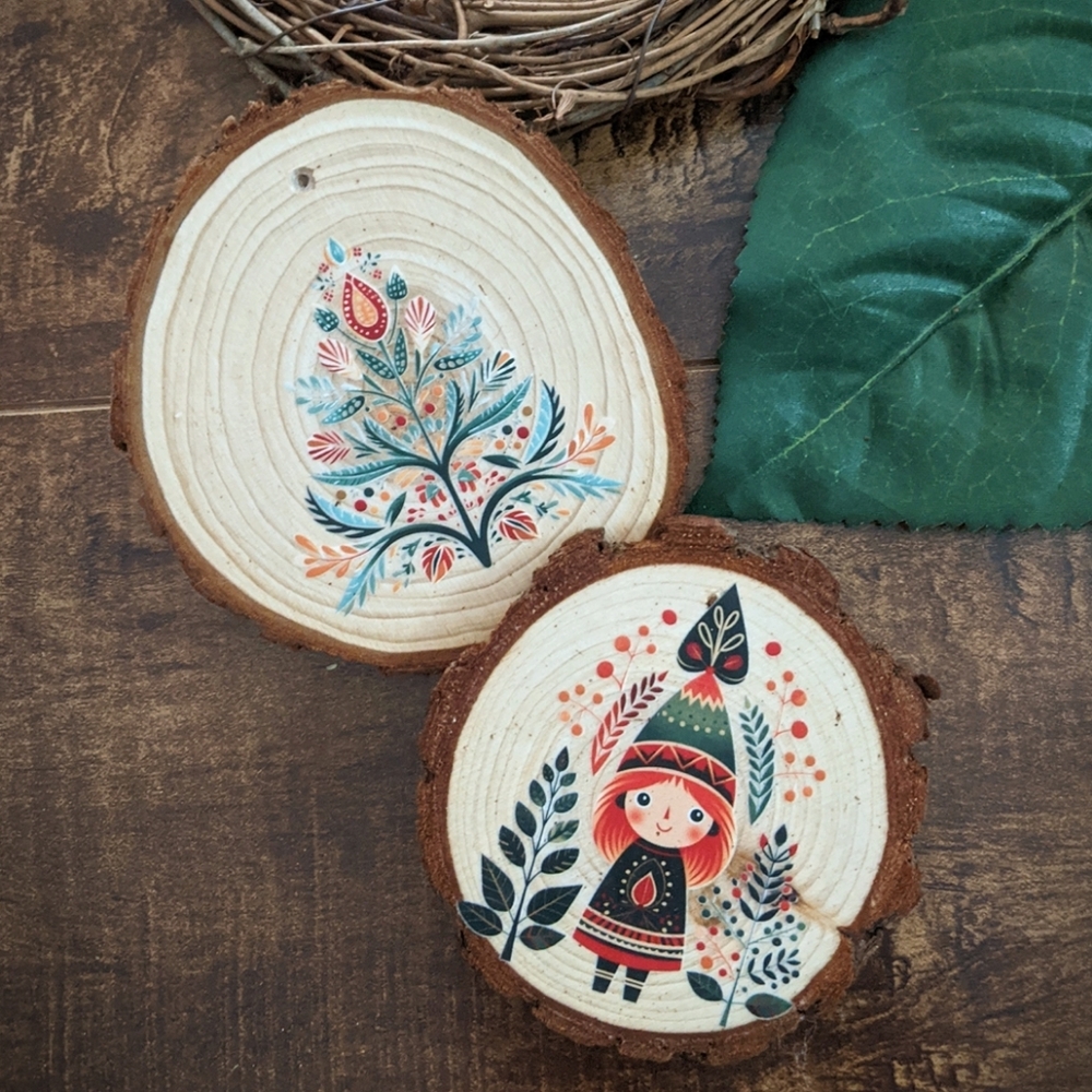 Folk holiday ornaments (1) - handmade wood slice decoration Christmas/Yule